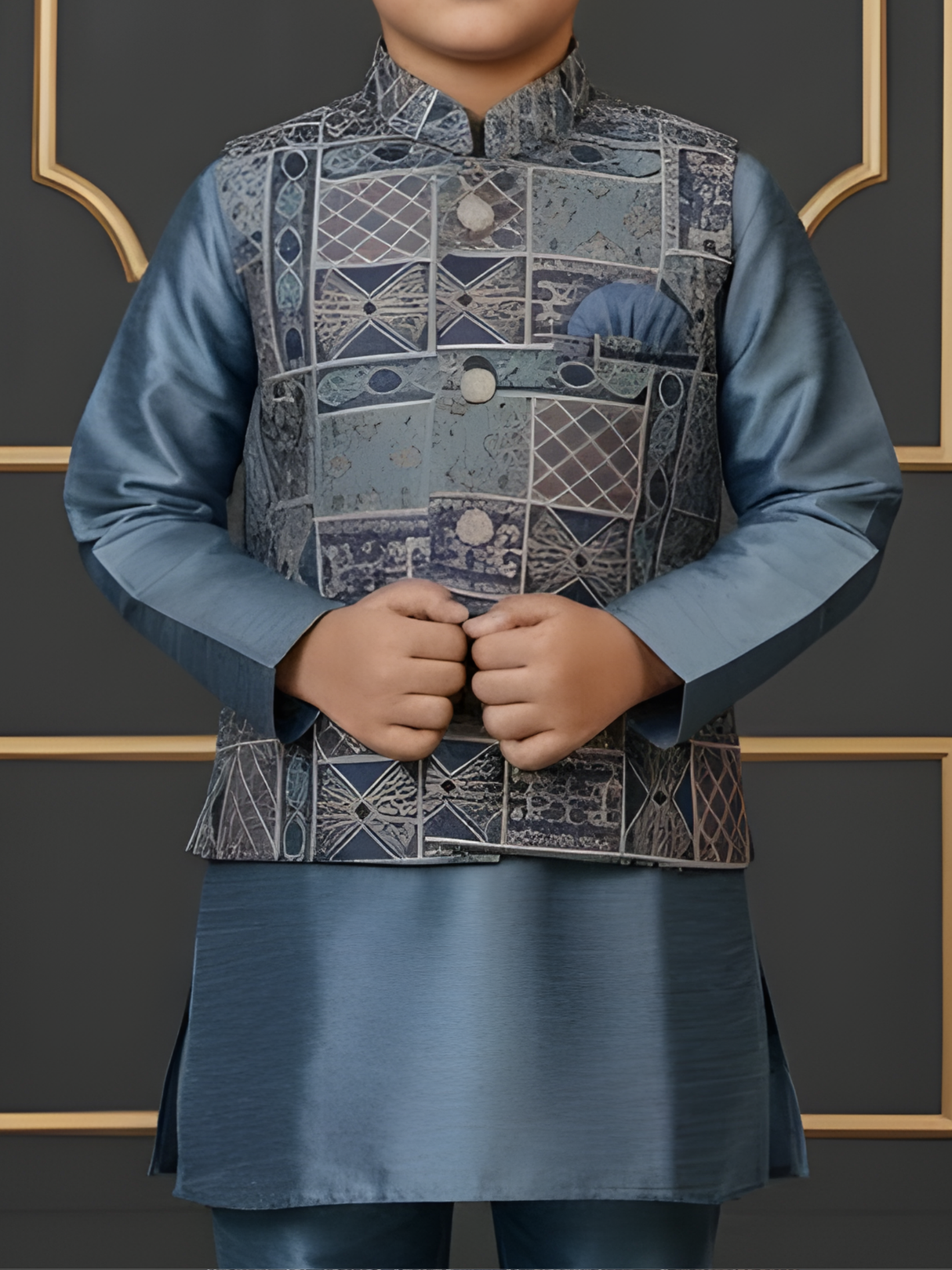 Boys Steel Blue Silk Kurta Set with Geometric Printed Nehru Jacket