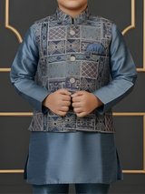 Boys Steel Blue Silk Kurta Set with Geometric Printed Nehru Jacket