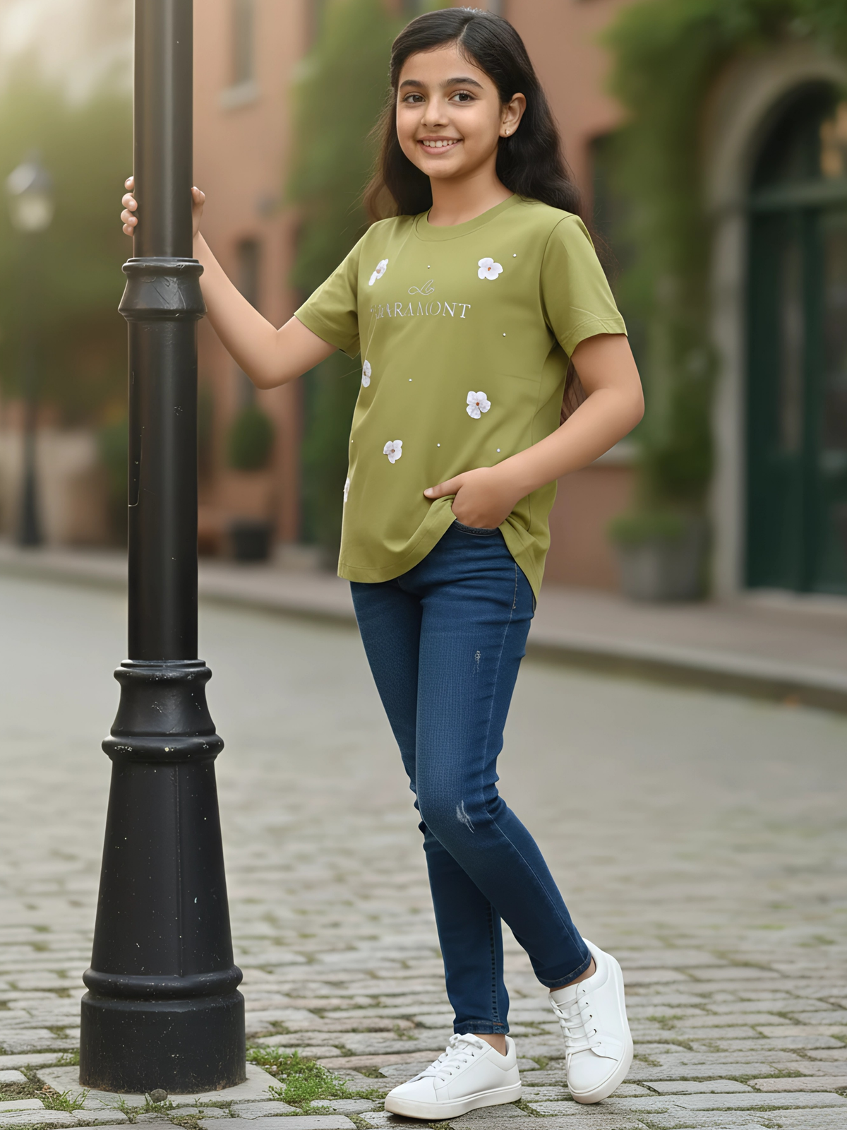Girl's Olive Green Floral Embroidered Top