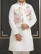 Boys Pristine White Kurta Pajama Set with Floral Embroidered Nehru Jacket