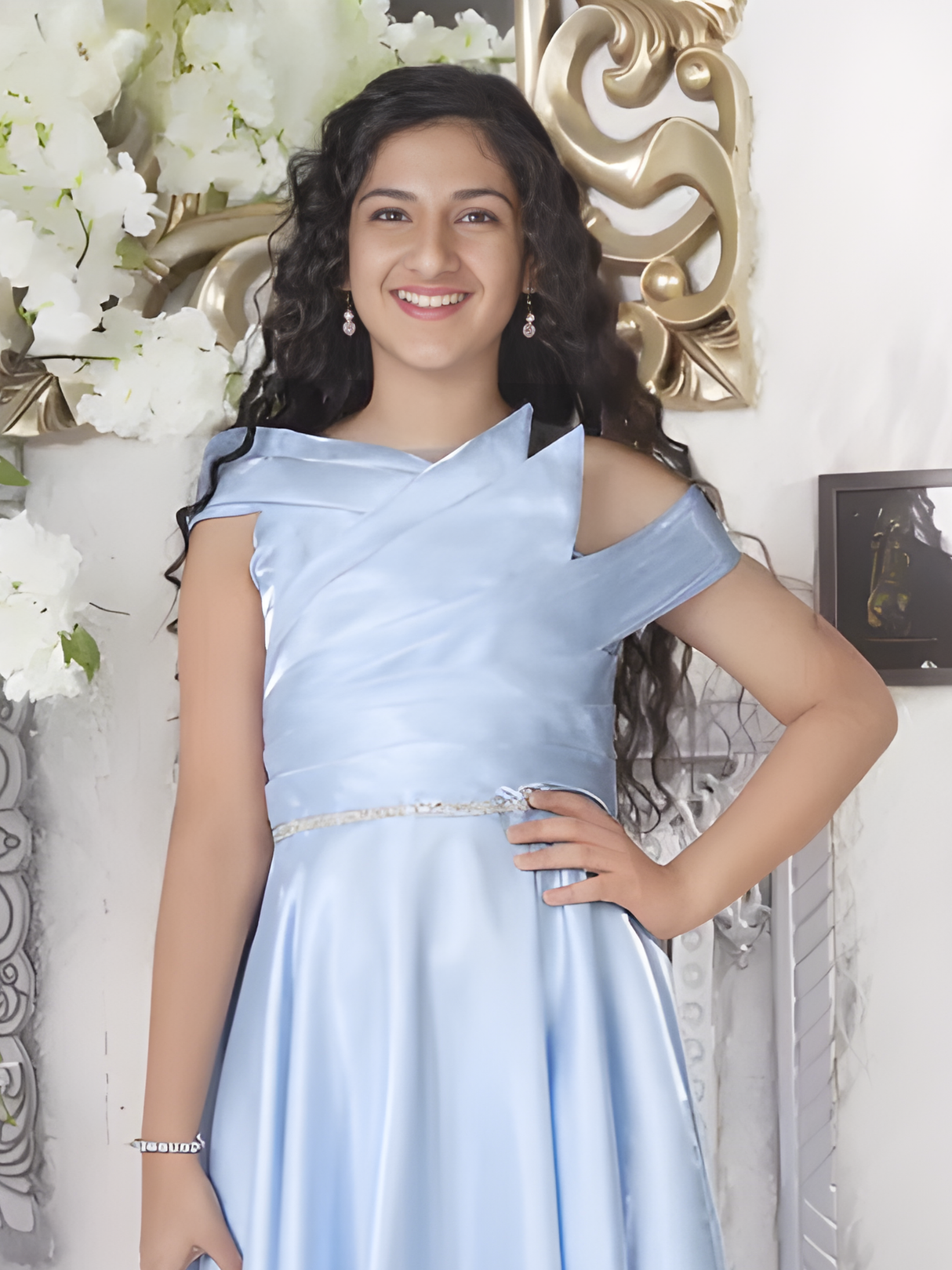 Girls Party Plain Satin Western Gown - Blue