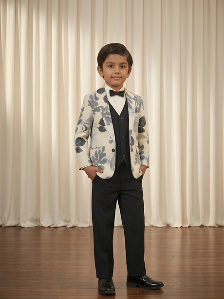 Boys' Cream & Black Botanical Print 3-Piece Suit Set.