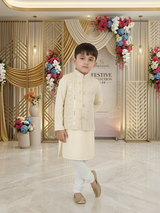 Boys' Cream Kurta Pajama Set with Multi-Color Embroidered Waistcoat