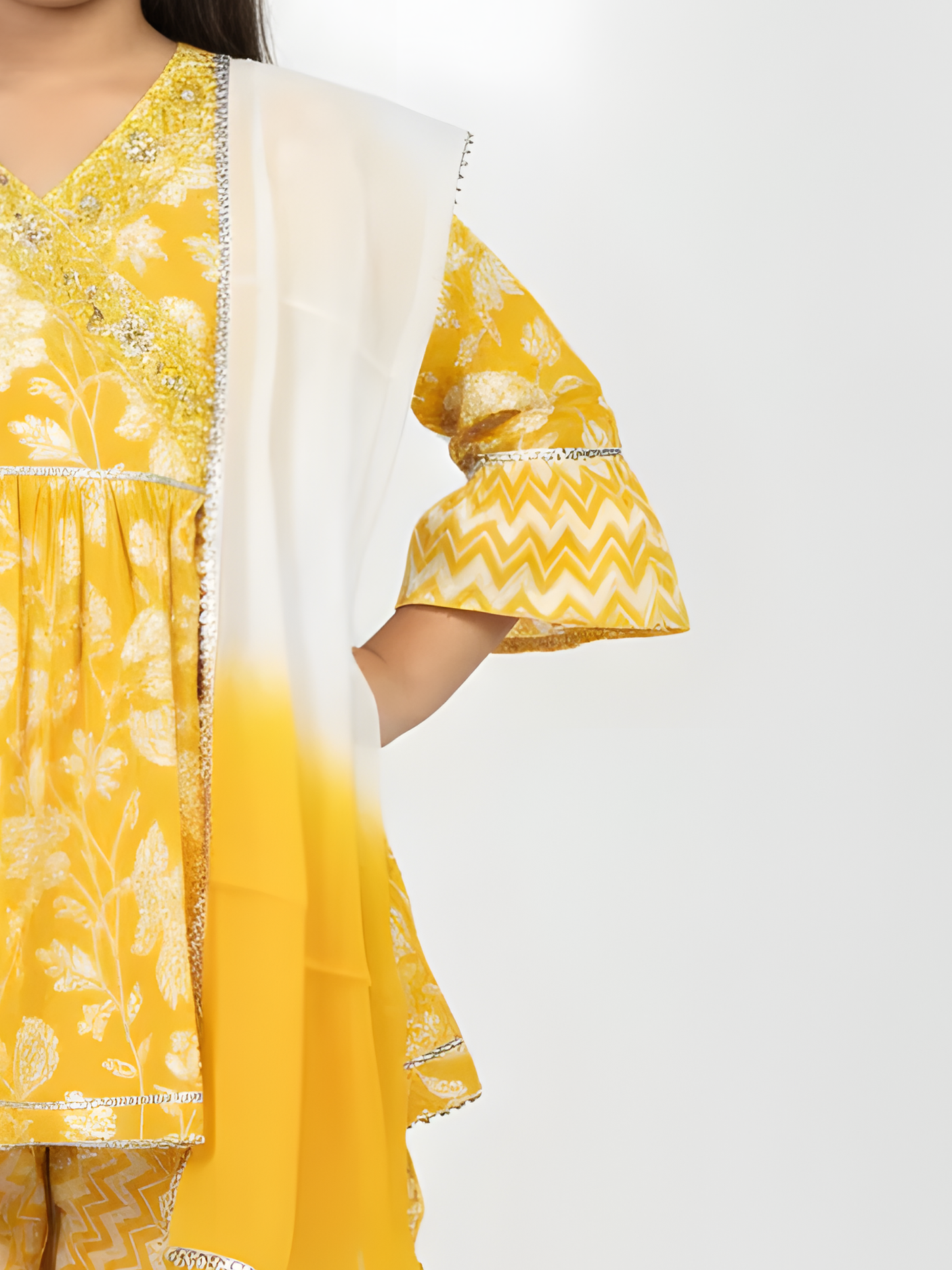 Girls' Yellow Floral Print Angrakha Kurta & Dhoti Pants Set with Dupatta.