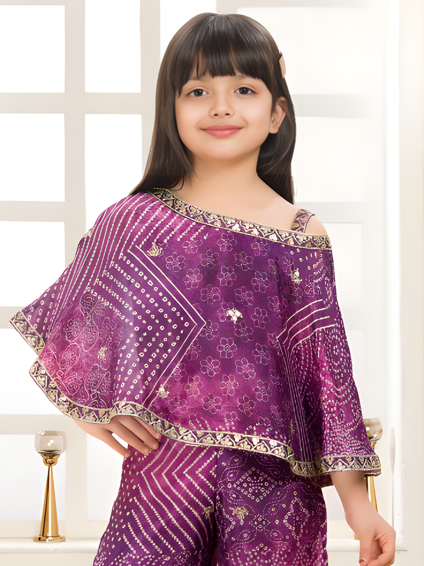 Girls' Bandhani Print Cape Top and Palazzo Set (Royal Purple)