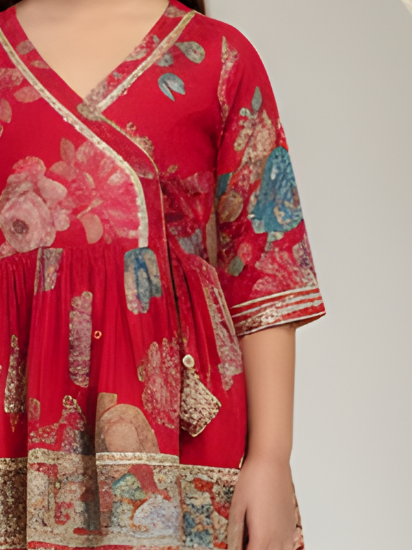 Girls' Vibrant Red Floral Print Angrakha Kurti, Trouser & Dupatta Set