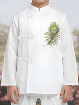 Boys' Crisp White Angrakha Kurta and Dhoti Set with Peacock Feather Embroidery
