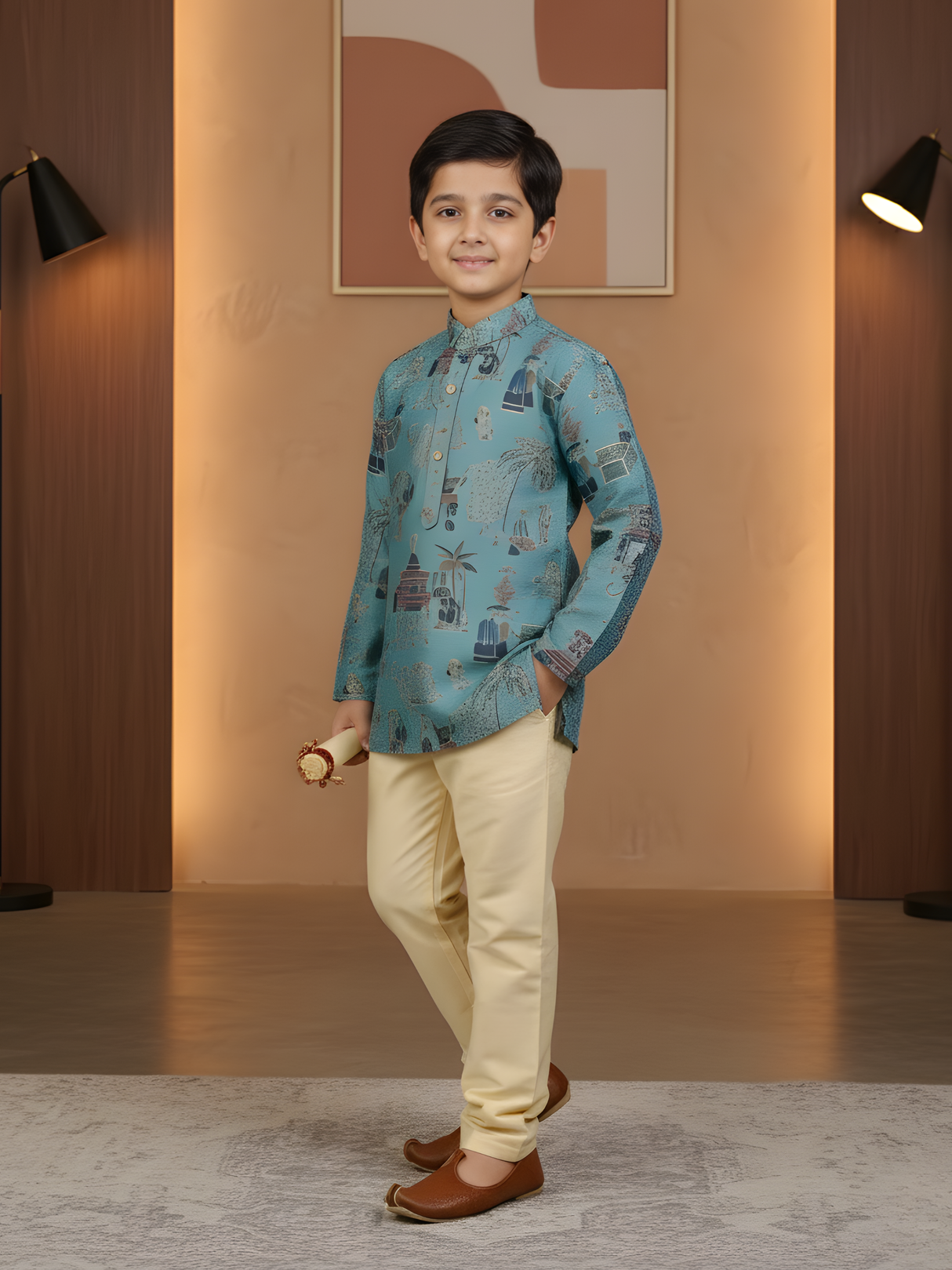 Boys' Teal Batik/Kalamkari Style Scenic Print Kurta Pajama Set