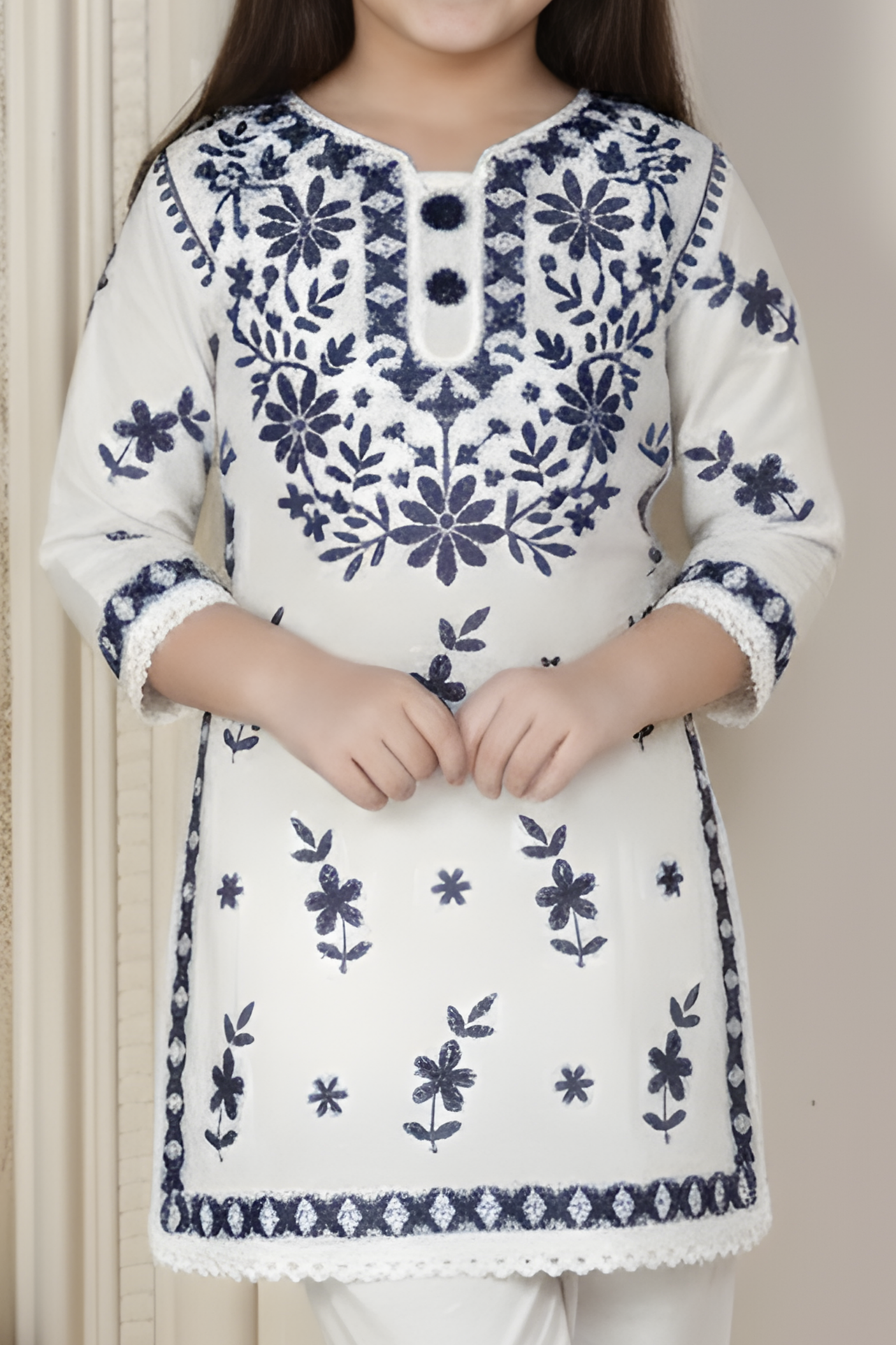 Girls' White Kurti & Trouser Set with Navy Blue Lucknowi Embroidery