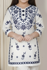Girls' White Kurti & Trouser Set with Navy Blue Lucknowi Embroidery