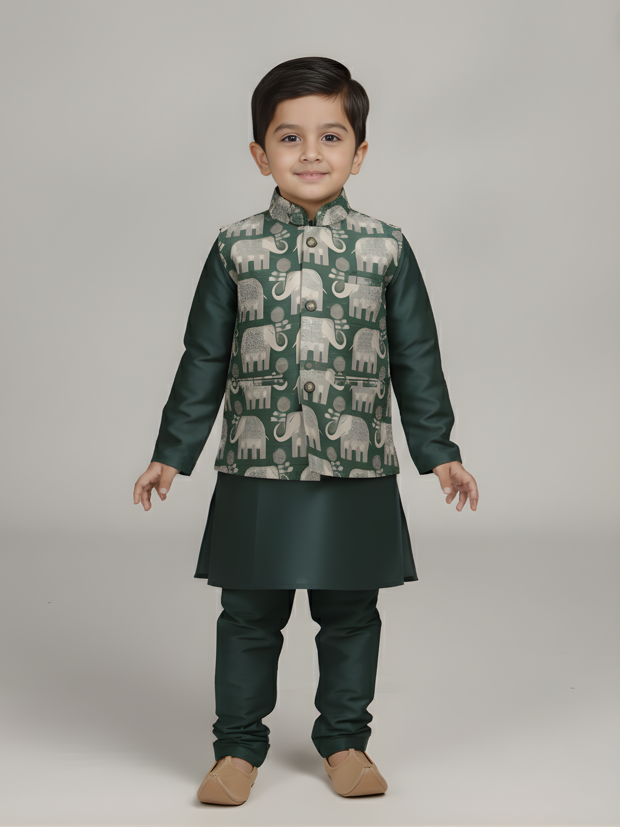 Boys' Bottle Green Kurta Pajama with Elephant Print Nehru Jacket