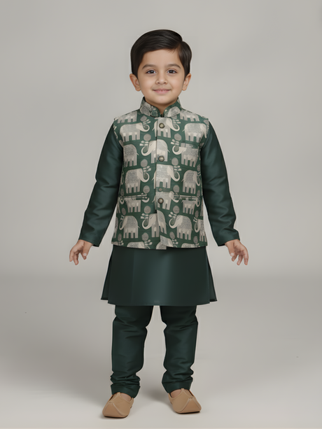 Boys' Bottle Green Kurta Pajama with Elephant Print Nehru Jacket