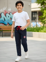 Boys' Navy Blue Slim-Fit Track Pants with Contrast Red Drawstring