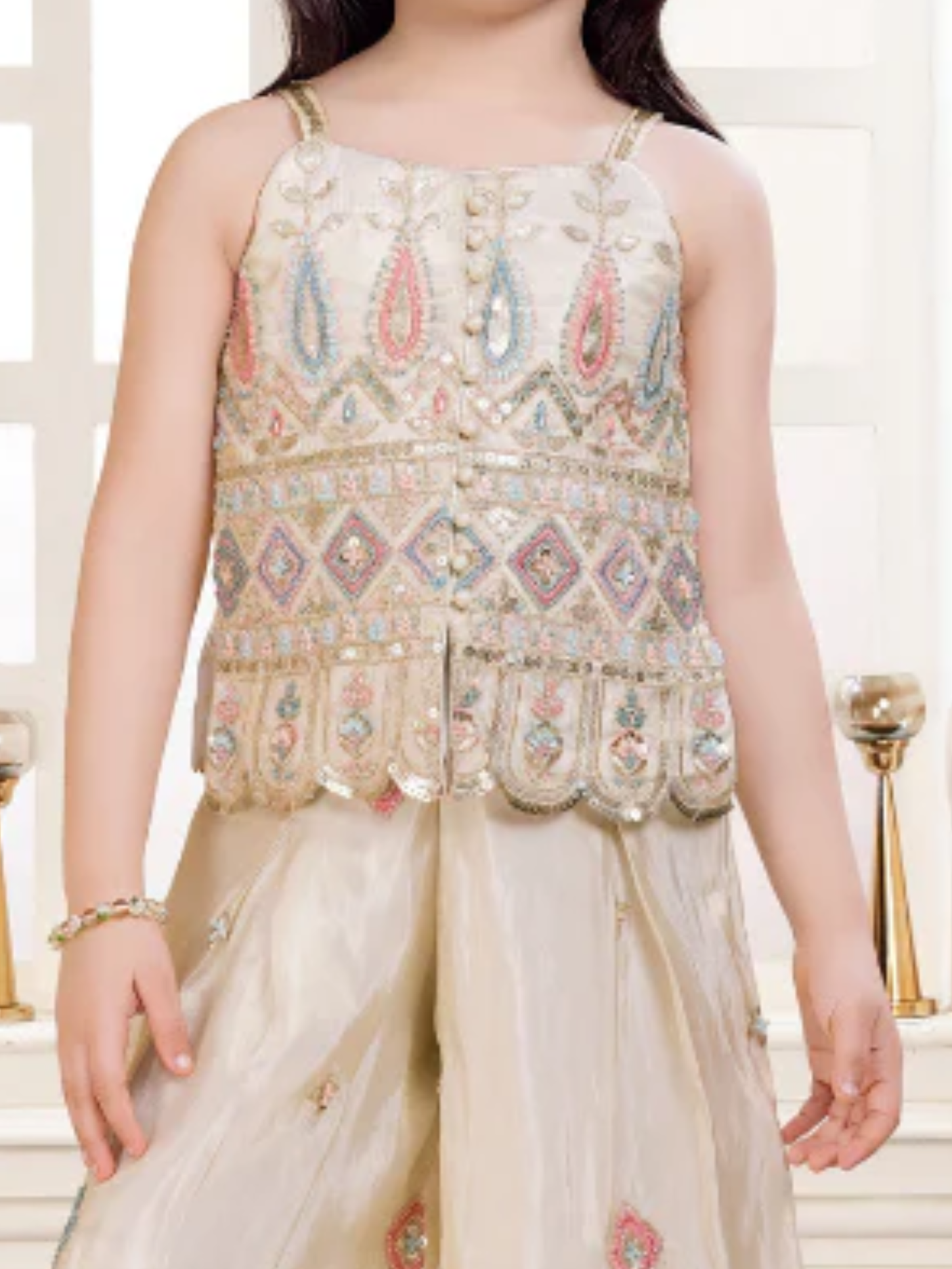 Girls' Festive Cream Sequin Embellished Crop Top & Wide-Leg Palazo Set