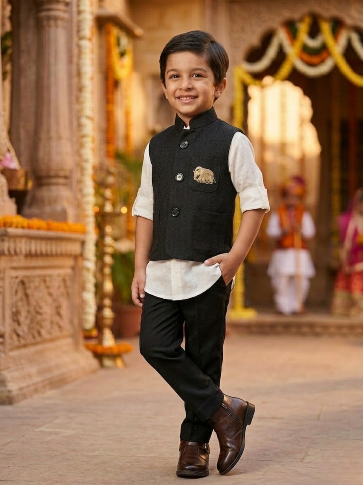 Boys Black Ethnic Waistcoat & White Shirt Set