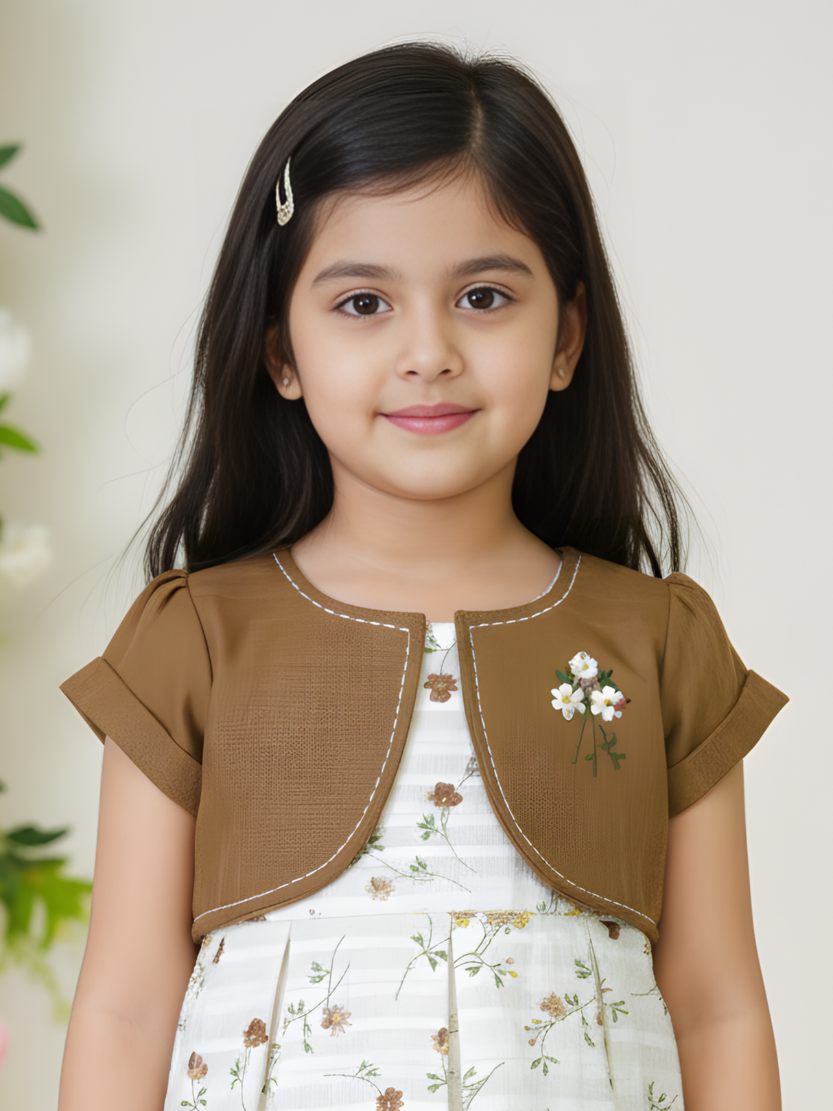 Rustic Chic Floral Frock Set with Embroidered Brown Bolero