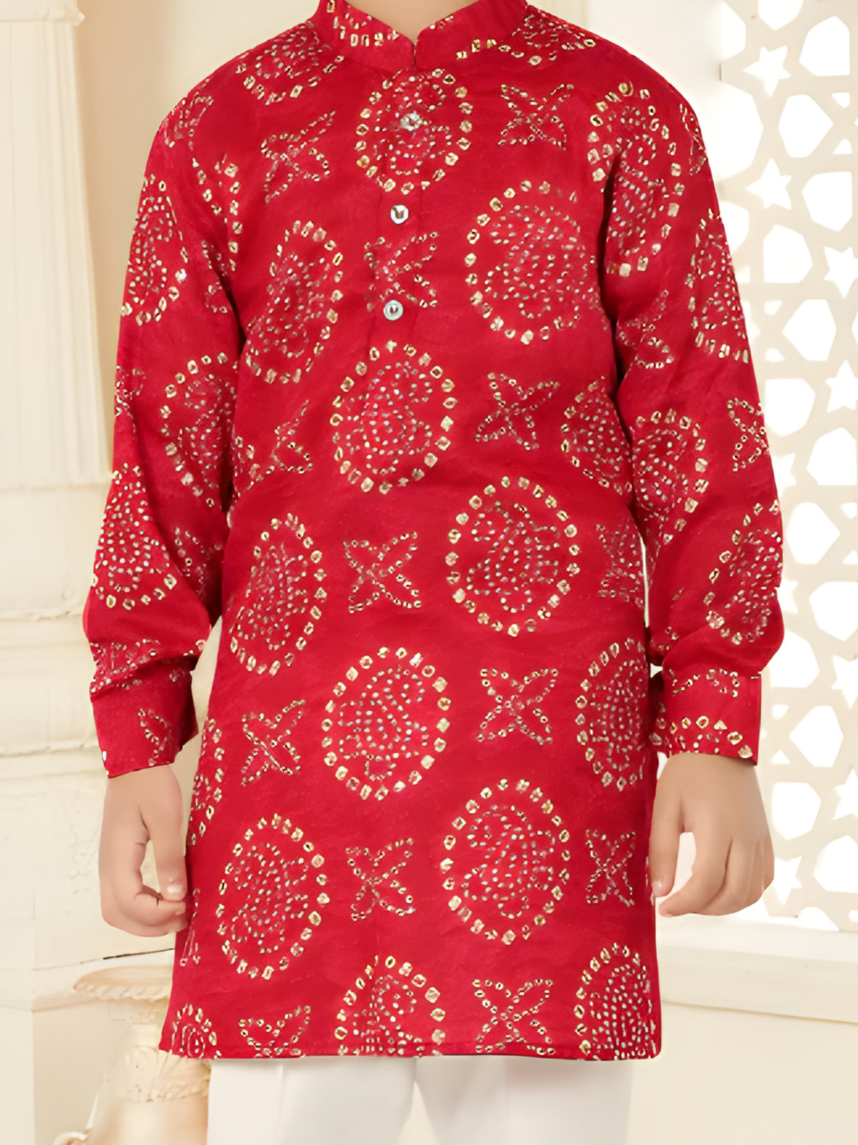 Boys' Festive Red Bandhani-Style Printed Kurta and White Pajama Set