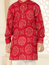 Boys' Festive Red Bandhani-Style Printed Kurta and White Pajama Set