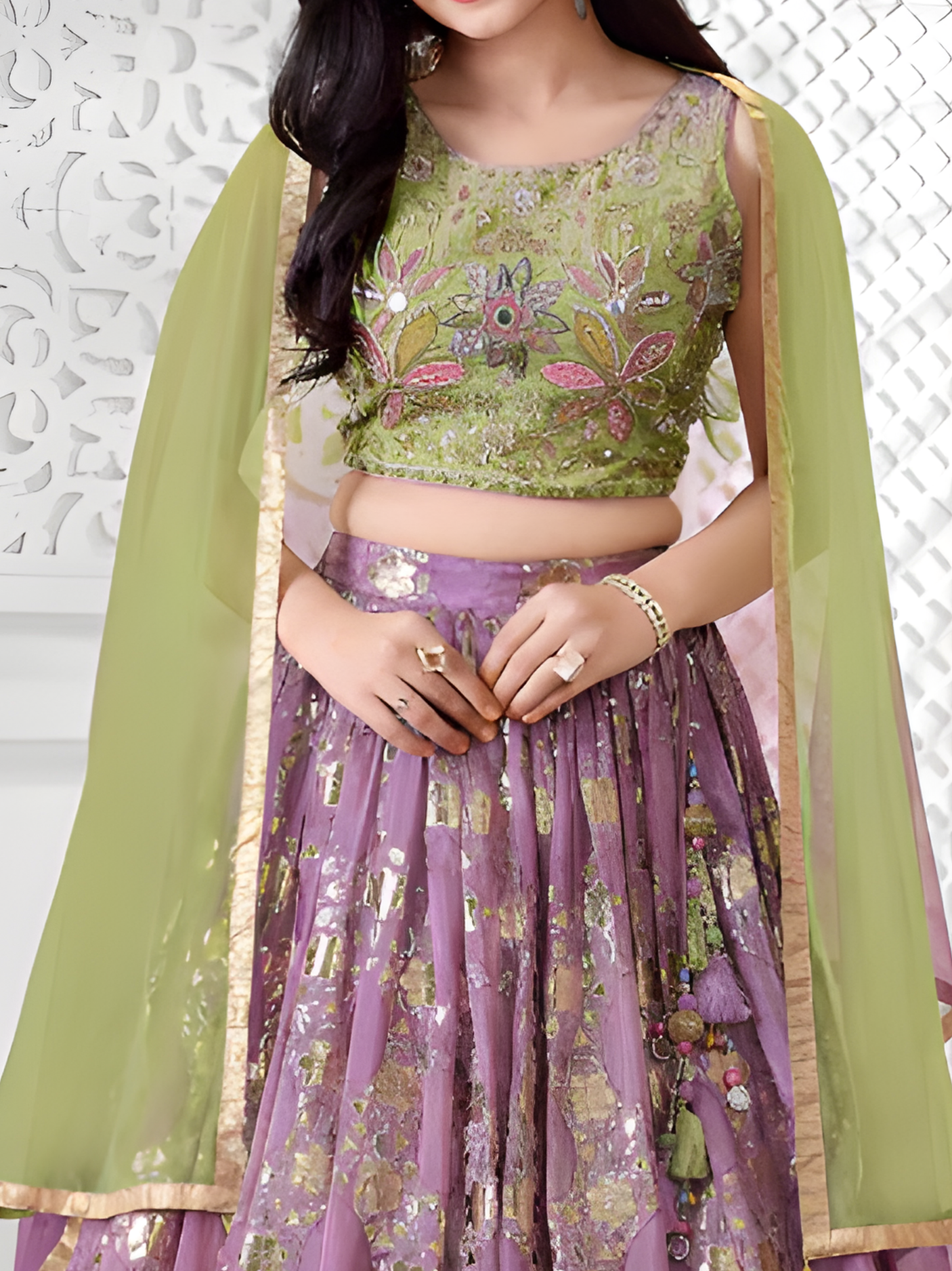 Girls' Dual-Tone Lilac Purple and Lime Green Sequin Lehenga Choli Set