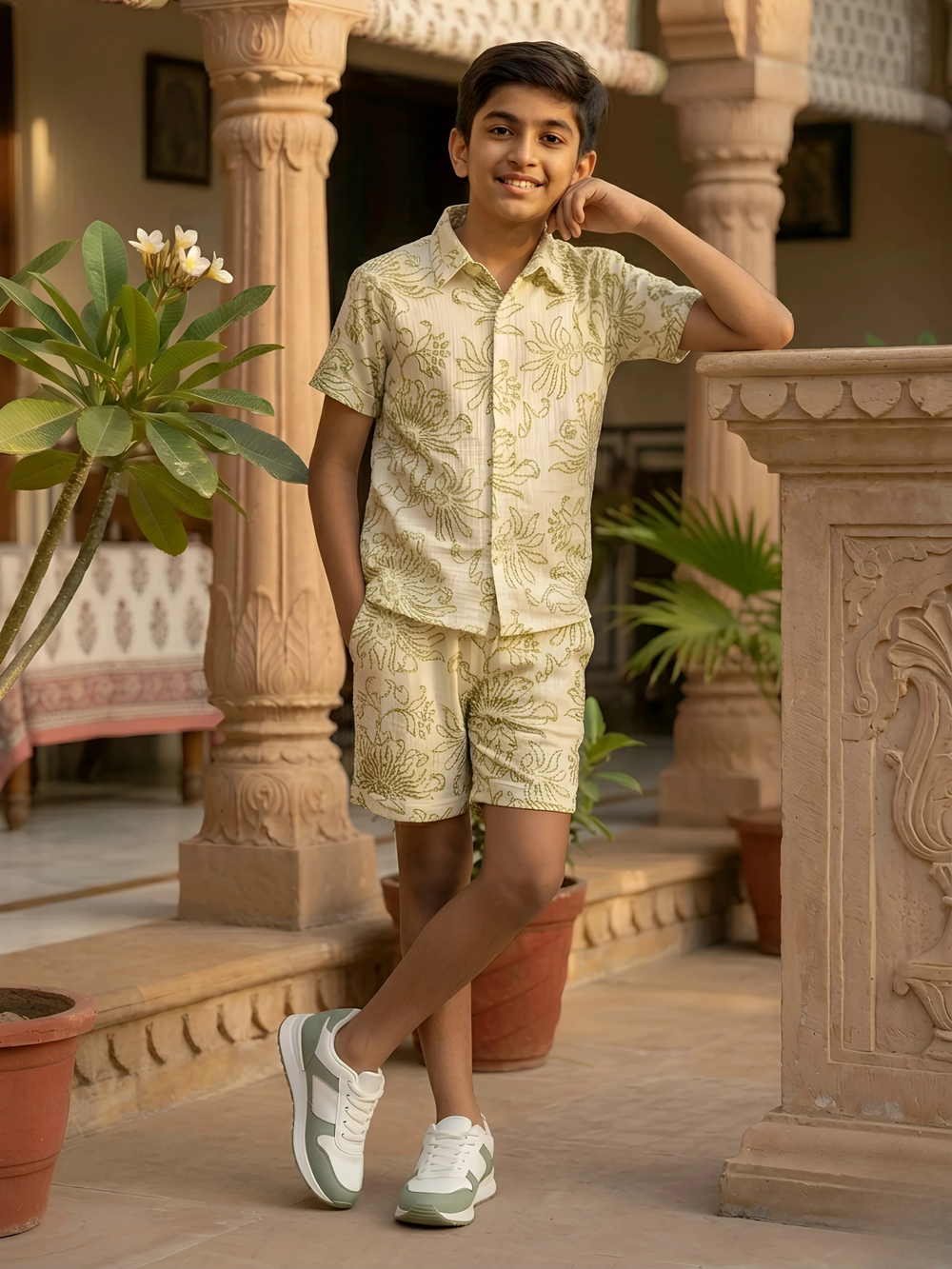 Boys Cream Floral Print Cotton Co-ord Set