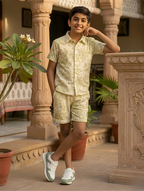 Boys Cream Floral Print Cotton Co-ord Set
