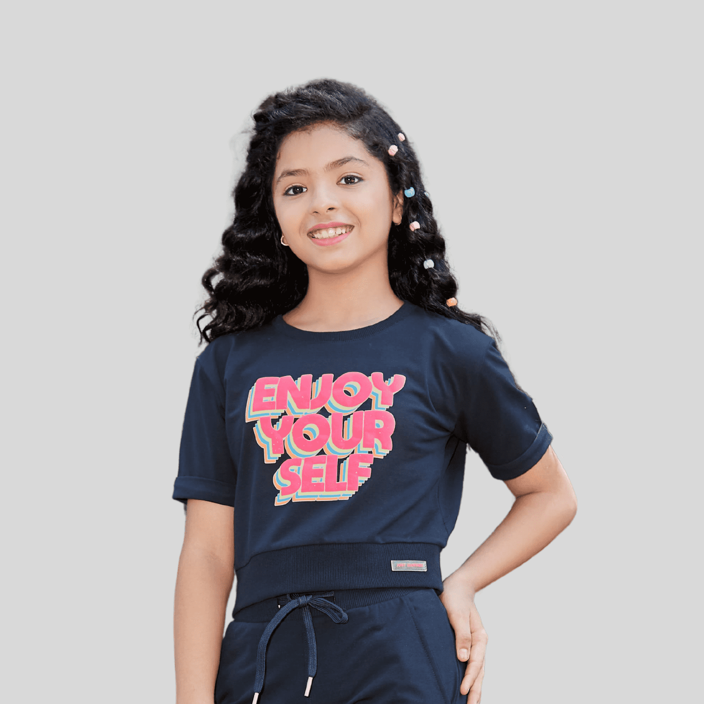 Girls Casual Printed Half Sleeves Capri Set - Navy Blue