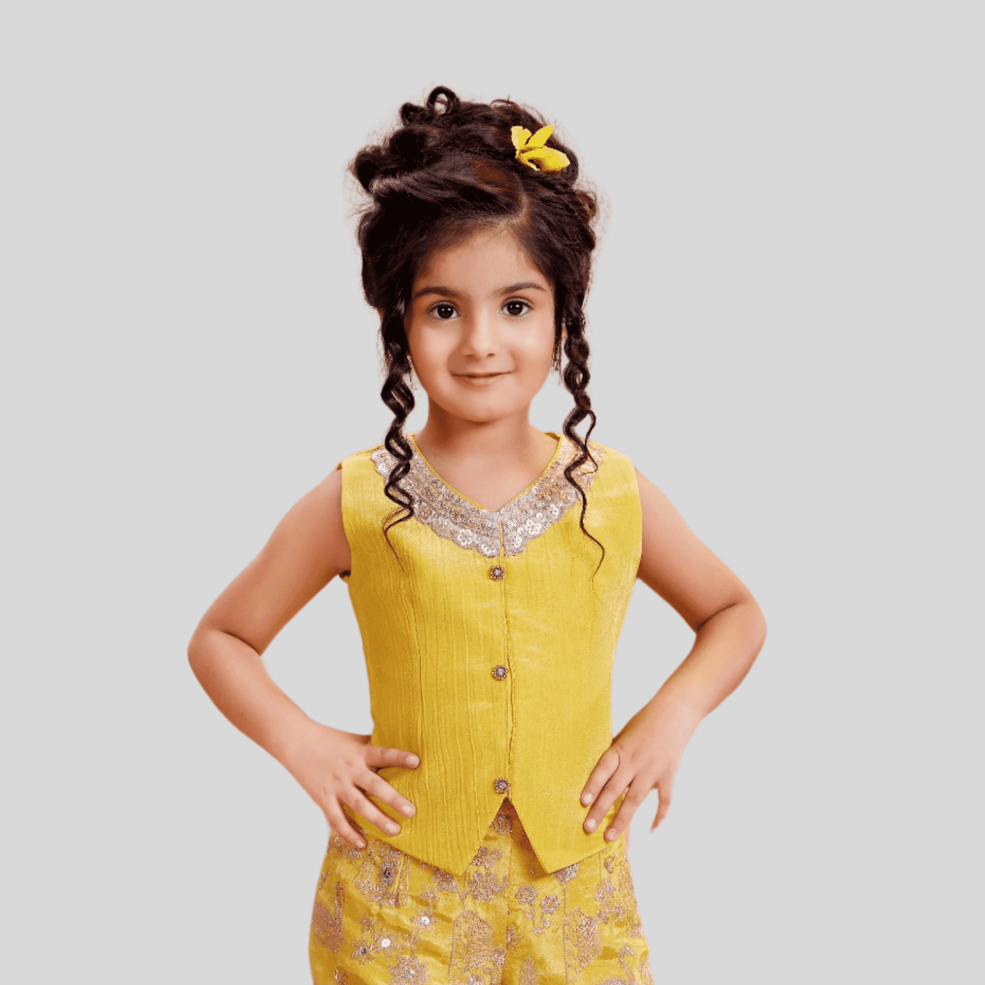Girls Traditional Sleeves Less Plazo Set - Yellow