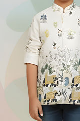 Boys' Elegant Cream Printed Bandhgala Waistcoat with Traditional Elephant and Nature Motifs