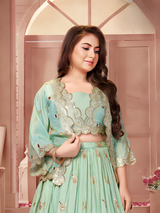 Girls' Aqua Blue Pre-Draped Ruffled Lehenga