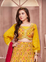 Girls Mustard Yellow Patola Print Lehenga Choli Set