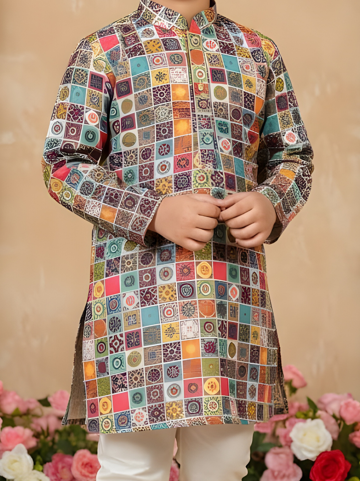 Boys' Multi-Color Mosaic Tile Print Kurta with Cream Pyjama Set.