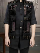 Boys' Formal Black Kurta Set with Velvet-Style Embroidered Waistcoat (3-Piece)