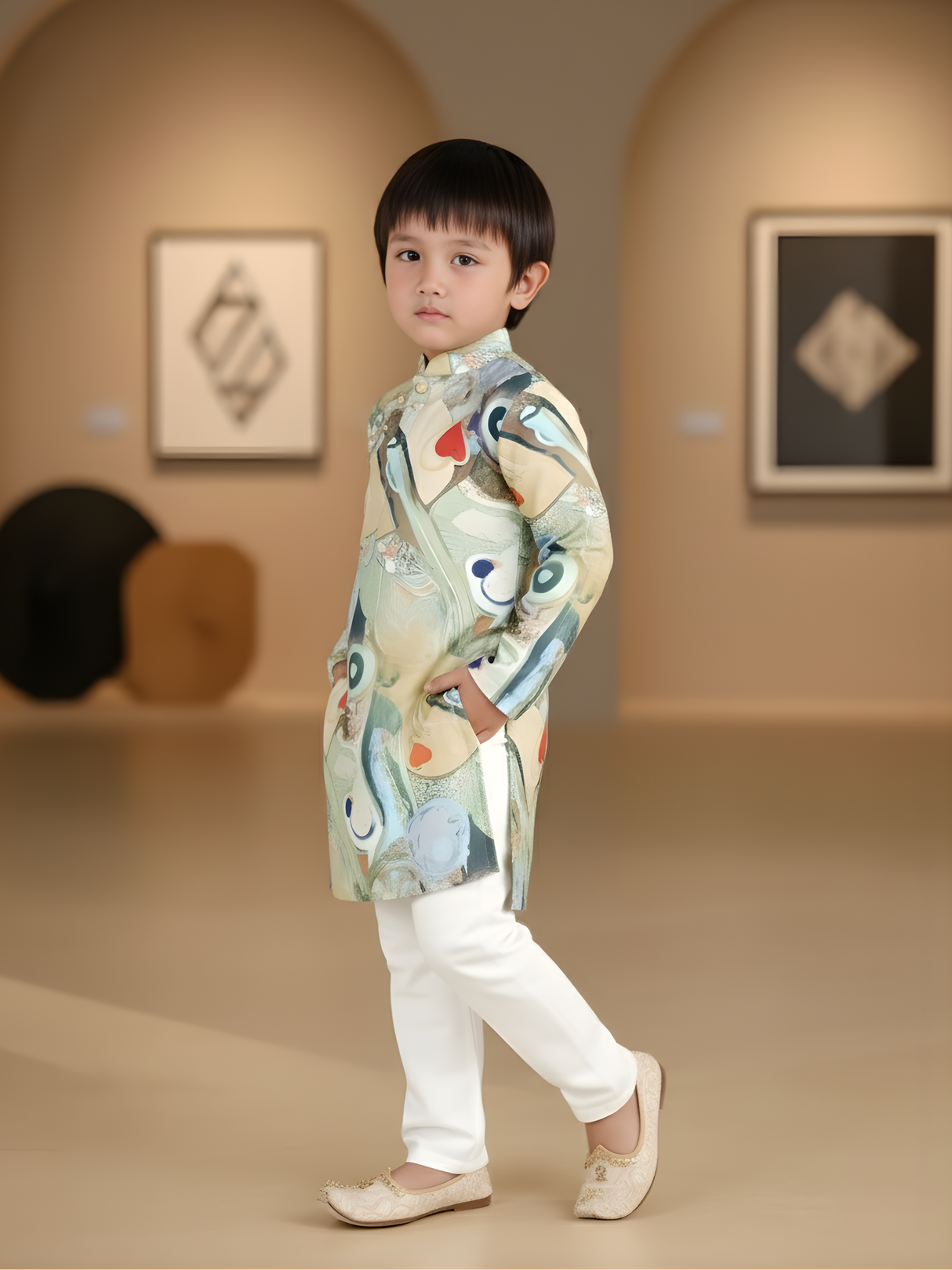 Boys' Aqua Green Traditional Figurative Print Kurta Set