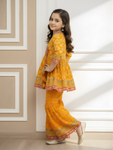 Girls' Vibrant Orange Floral Print Angrakha Kurti and Tiered Sharara Set