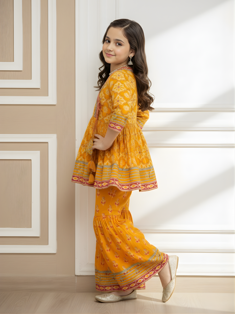 Girls' Vibrant Orange Floral Print Angrakha Kurti and Tiered Sharara Set