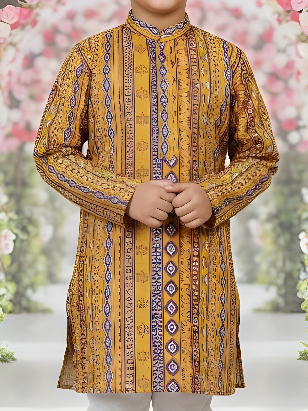 Boys' Festive Yellow & Blue Ikat Print Kurta with Cream Pyjama Set.