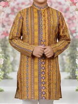 Boys' Festive Yellow & Blue Ikat Print Kurta with Cream Pyjama Set.