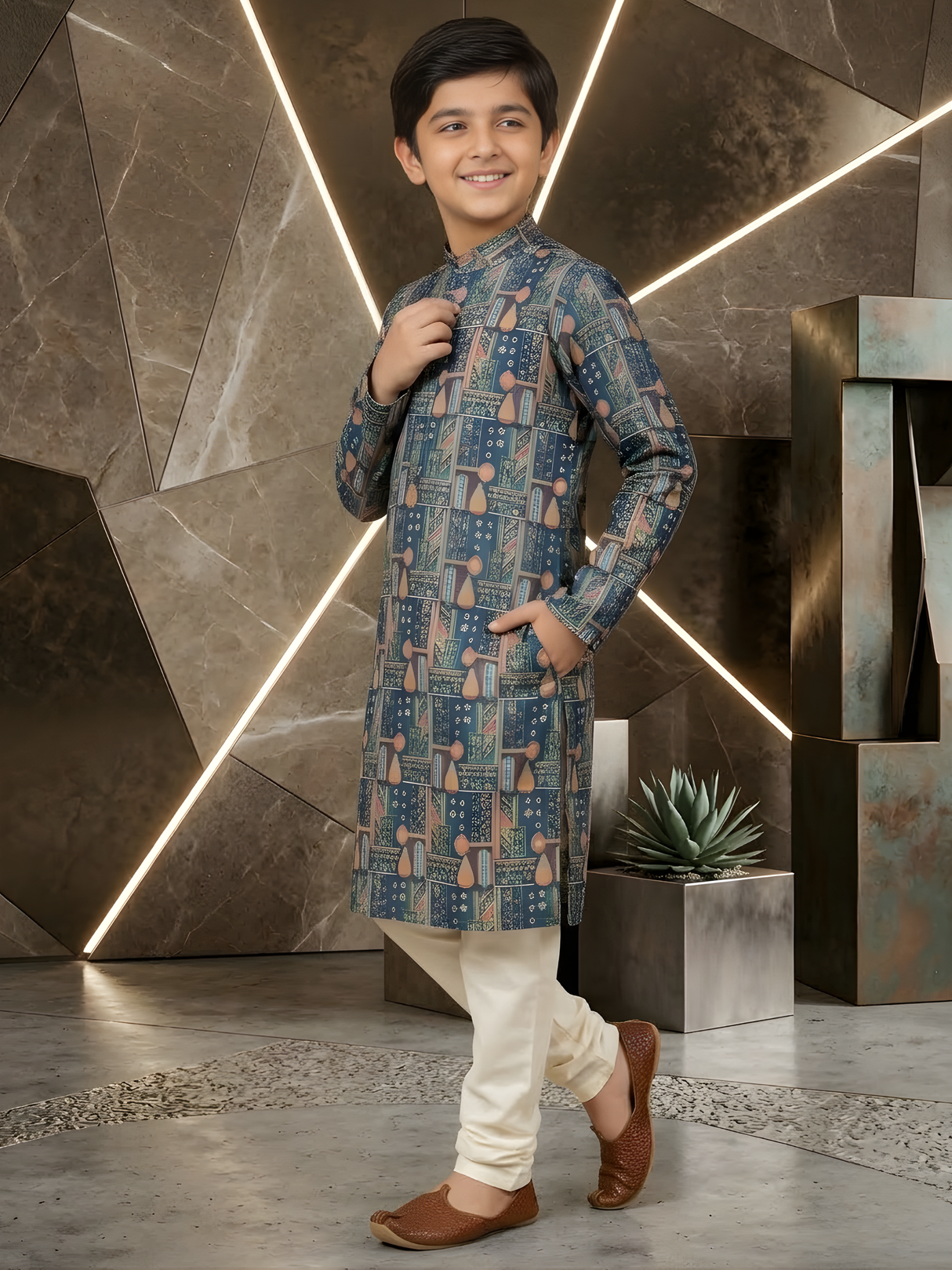 Boys' Blue & Green Festive Figurative Print Kurta Pyjama Set.