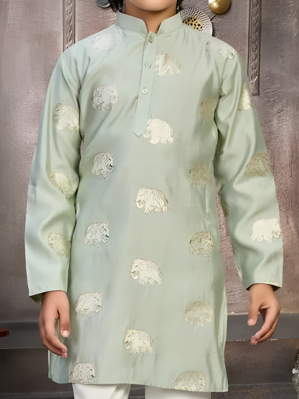 Boys' Olive Green Kurta Pyjama Set with Gold Brocade Waistcoat (3-Piece)