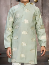 Boys' Olive Green Kurta Pyjama Set with Gold Brocade Waistcoat (3-Piece)