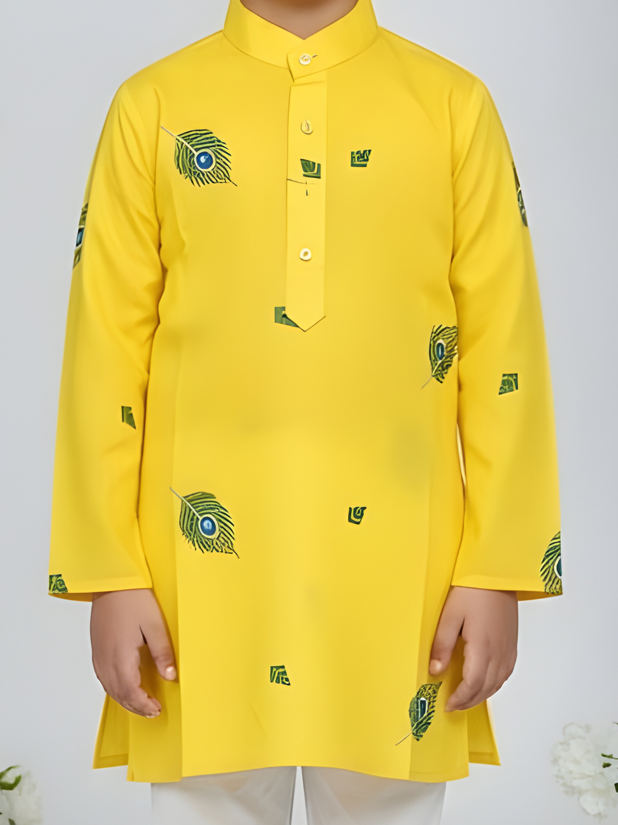 Boys' Festive Yellow Angrakha Kurta and Red Dhoti Set with Patchwork Applique
Handle