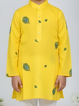 Boys' Festive Yellow Angrakha Kurta and Red Dhoti Set with Patchwork Applique
Handle
