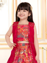 Girls' Hot Pink Patchwork Lehenga Set with Jacket