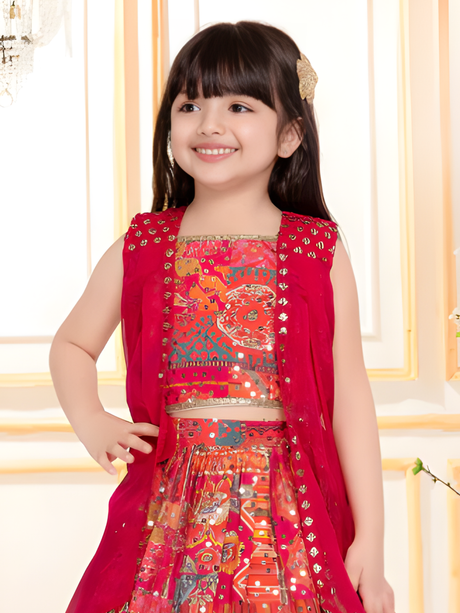 Girls' Hot Pink Patchwork Lehenga Set with Jacket