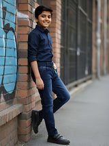 Boys' Premium Navy Blue Slim Fit Jeans with Belt