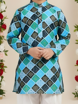 Boys' Blue & Black Geometric Print Kurta with Pyjama Set.