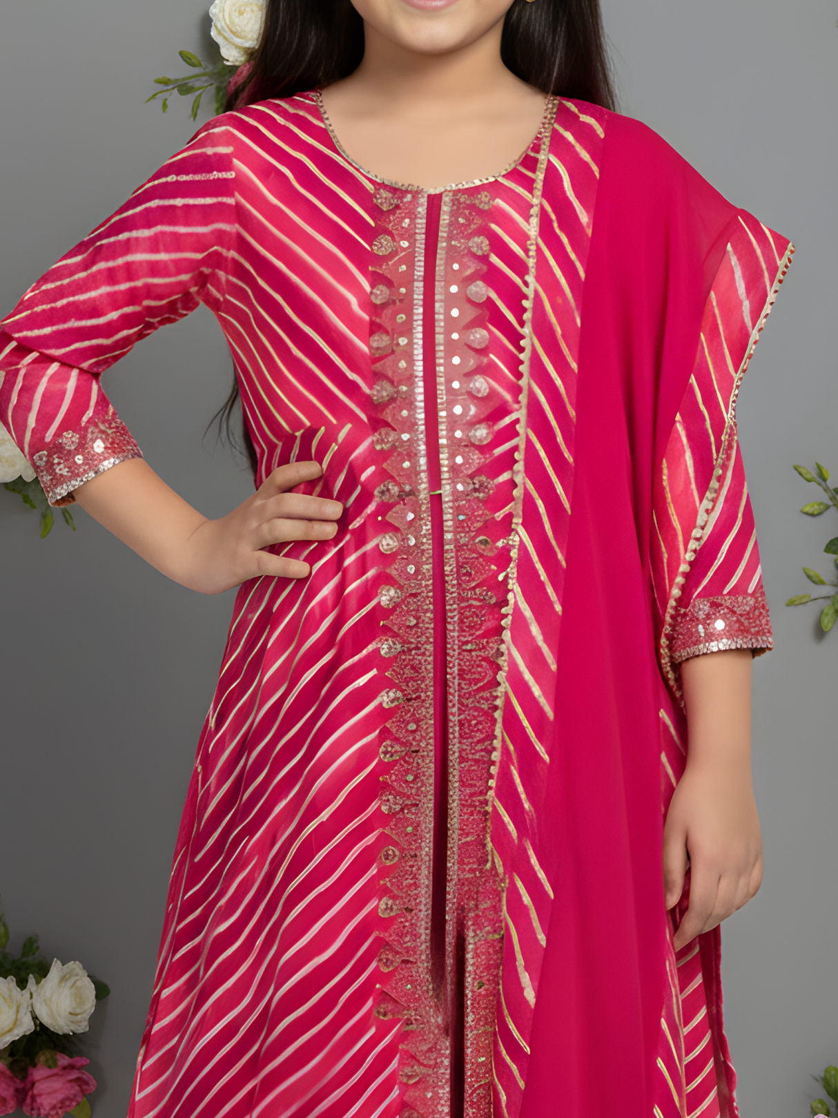 Girls' Hot Pink Bandhani Print Kurta, Striped Garara, and Ombre Dupatta Set