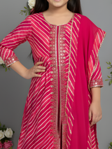 Girls' Hot Pink Bandhani Print Kurta, Striped Garara, and Ombre Dupatta Set