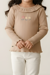 Girls' Ruffled Ribbed Long-Sleeve Embroidered Top