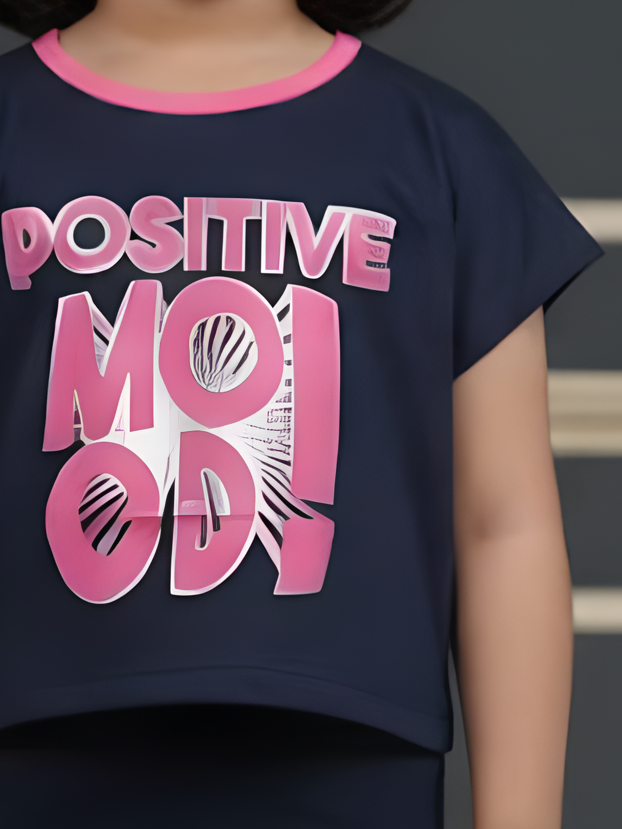 Girls Navy Blue "Positive Mood" Graphic Crop Tee